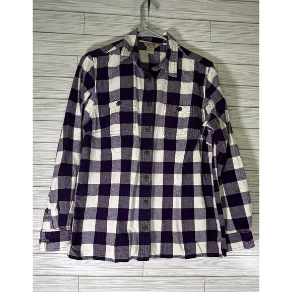 Duluth Trading Womens Medium Button Up Flannel Purple‎ White Shirt Cotton Plaid - Picture 1 of 7